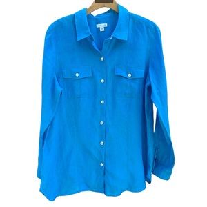 J. Jill Aqua Blue Linen Long Sleeve Button Front Top Blouse Size Medium